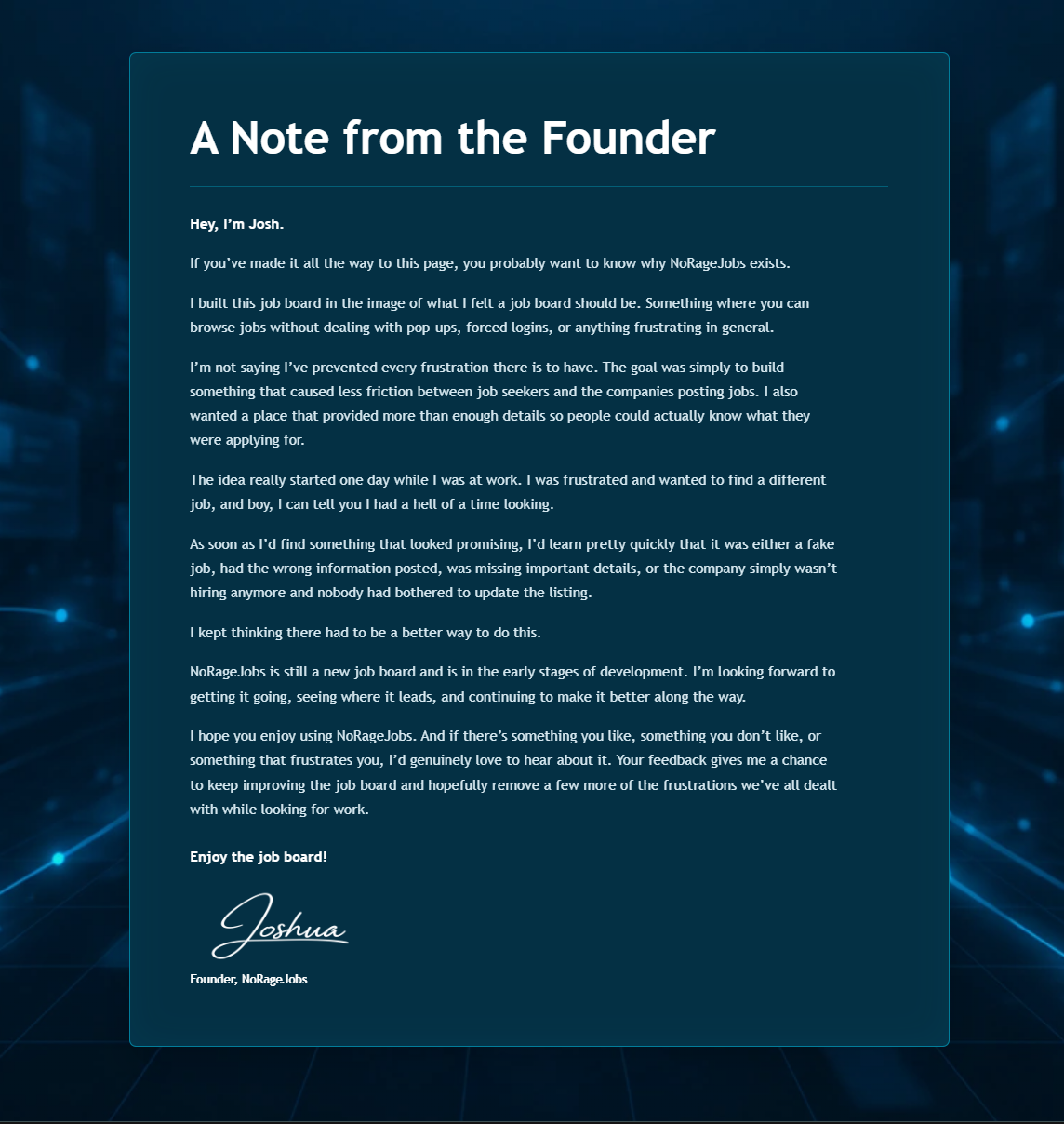 The complete founder note, including Josh's closing message and signature